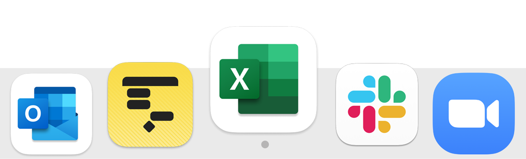 Outlook, Excel, Slack, Zoom applications lined up in a bar
