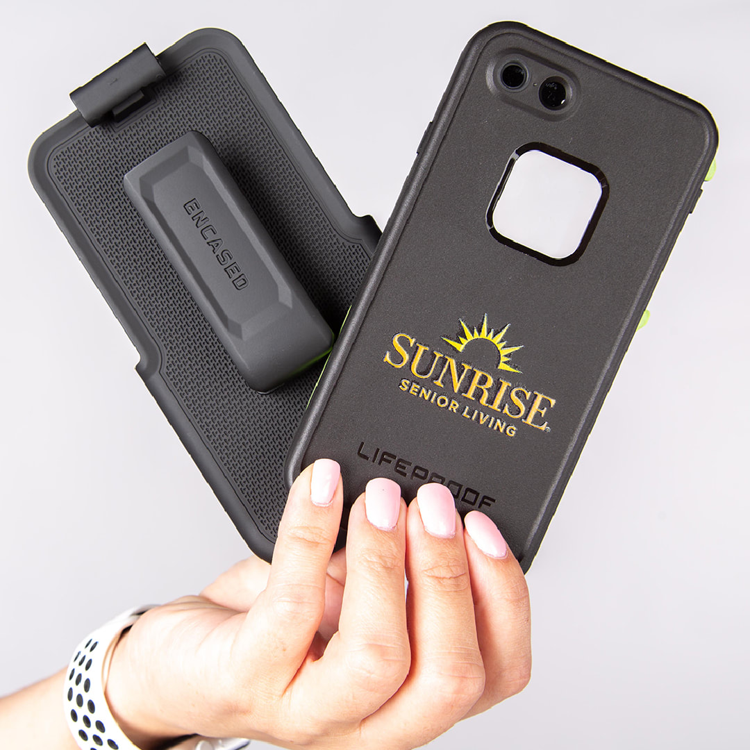 Sunrise Senior Living branded Lifeproof case with cellphone clip behind it
